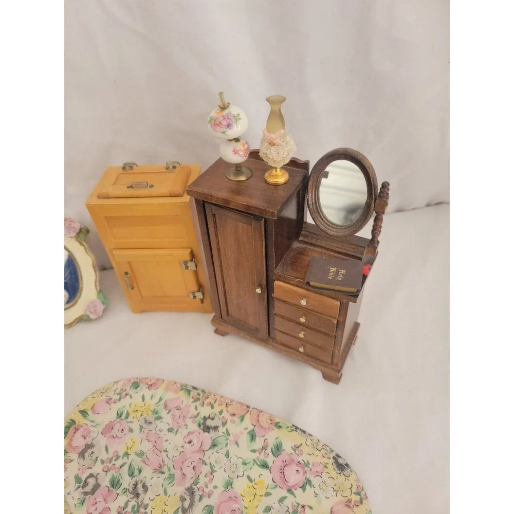 Vintage Dollhouse Miniature Furniture Lot Wooden Kitchen Bath Rugs Rocking Horse